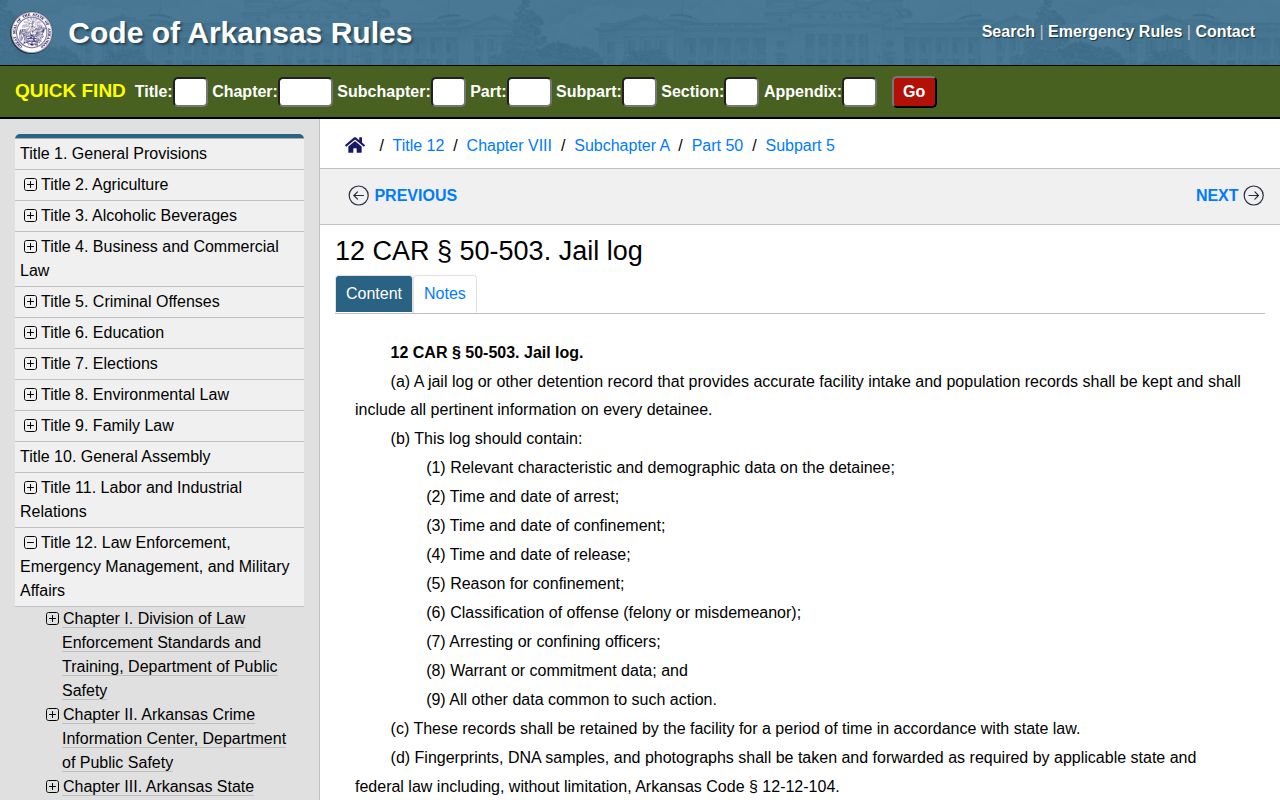 Arkansas jail-log rule for Grant County arrest records
