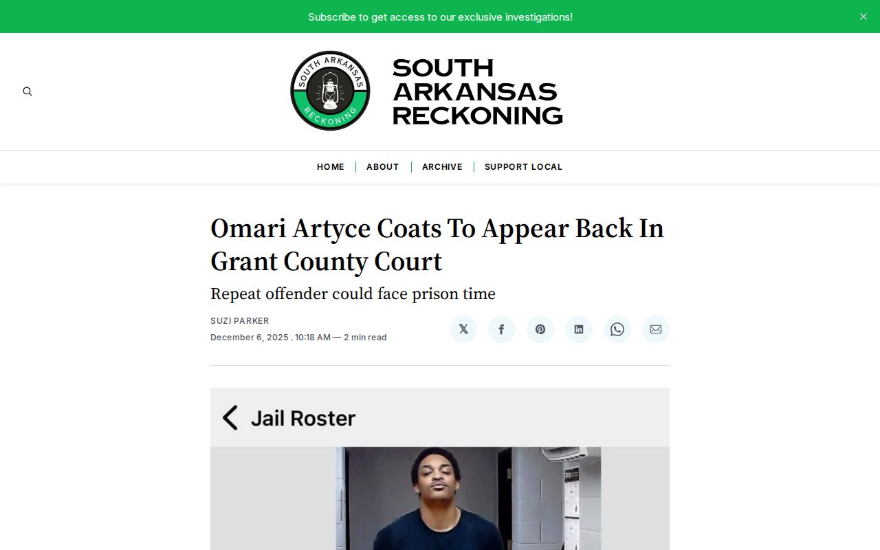 Grant County arrest article documenting a past Sheridan roster view